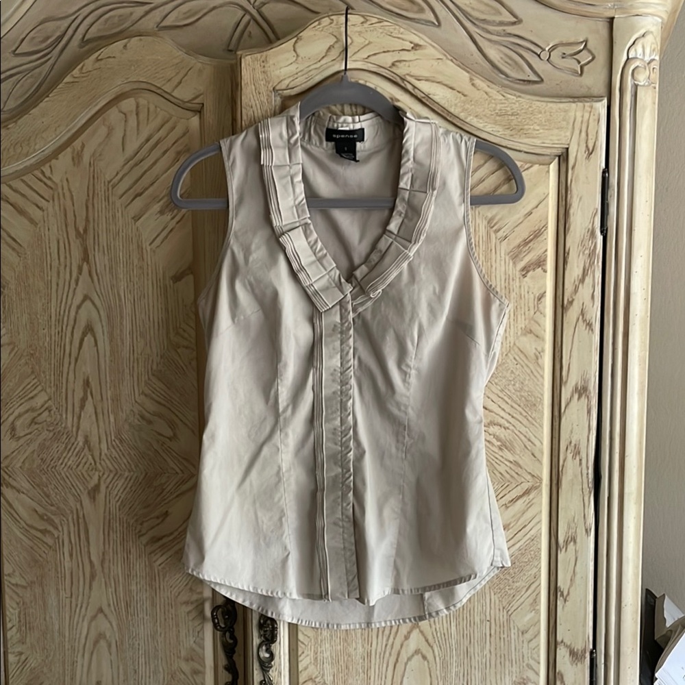 Spense Taupe Sleeveless Blouse with Bib Collar